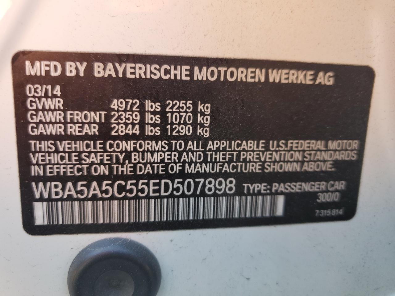 VIN WBA5A5C55ED507898 2014 BMW 5 SERIES no.12