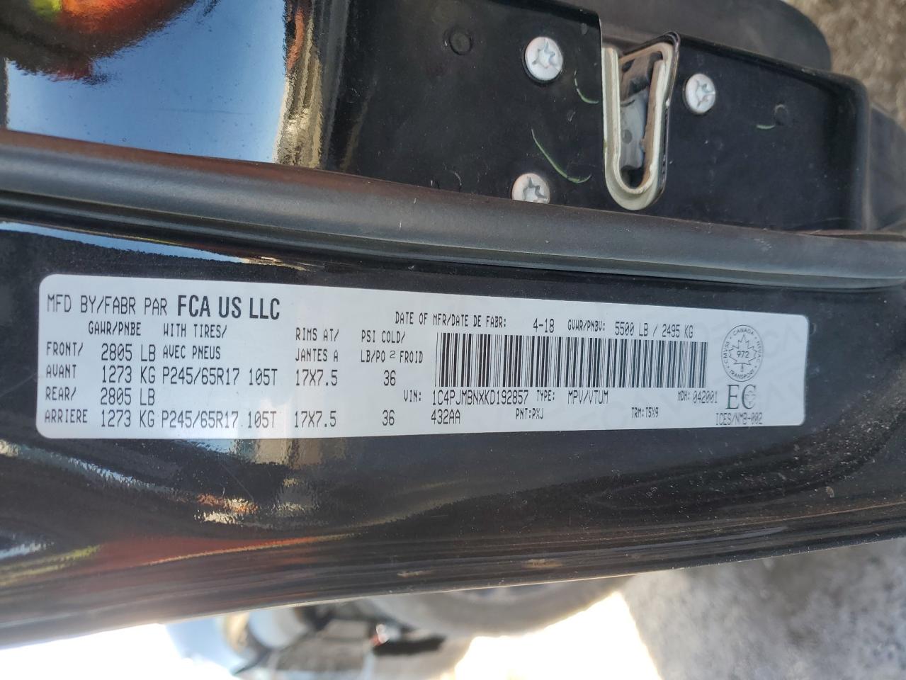 2019 Jeep Cherokee Trailhawk VIN: 1C4PJMBNXKD192857 Lot: 87858685