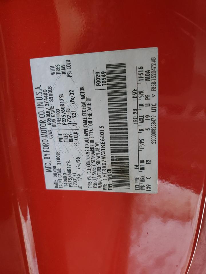 2001 Ford F150 VIN: 1FTRX07W31KE64015 Lot: 89297905