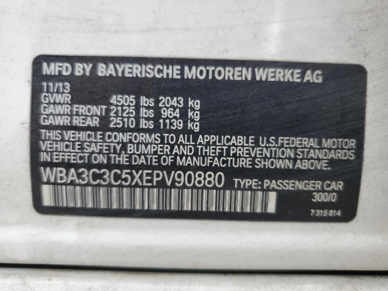 VIN WBA3C3C5XEPV90880 2014 BMW 3 SERIES no.12