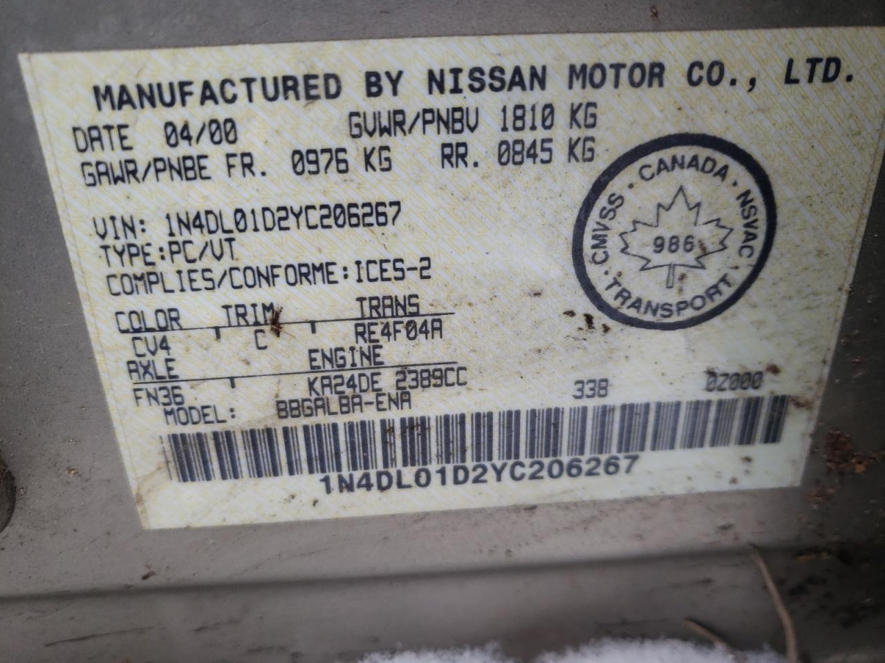 2000 Nissan Altima Xe VIN: 1N4DL01D2YC206267 Lot: 87714245