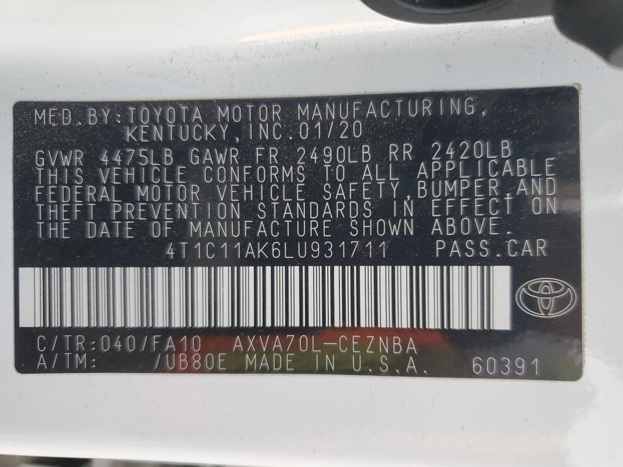 VIN 4T1C11AK6LU931711 2020 TOYOTA CAMRY no.12