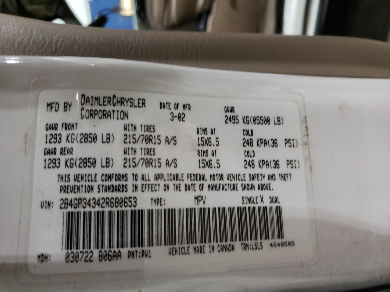 2002 Dodge Caravan Se VIN: 1B4GP253X2B734674 Lot: 87308544