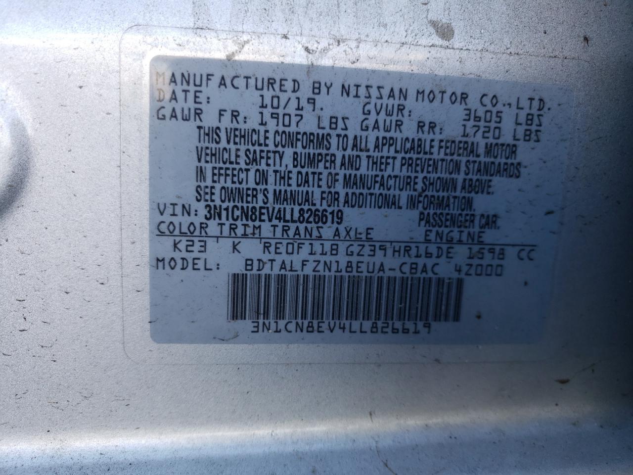 VIN 3N1CN8EV4LL826619 2020 NISSAN VERSA no.12