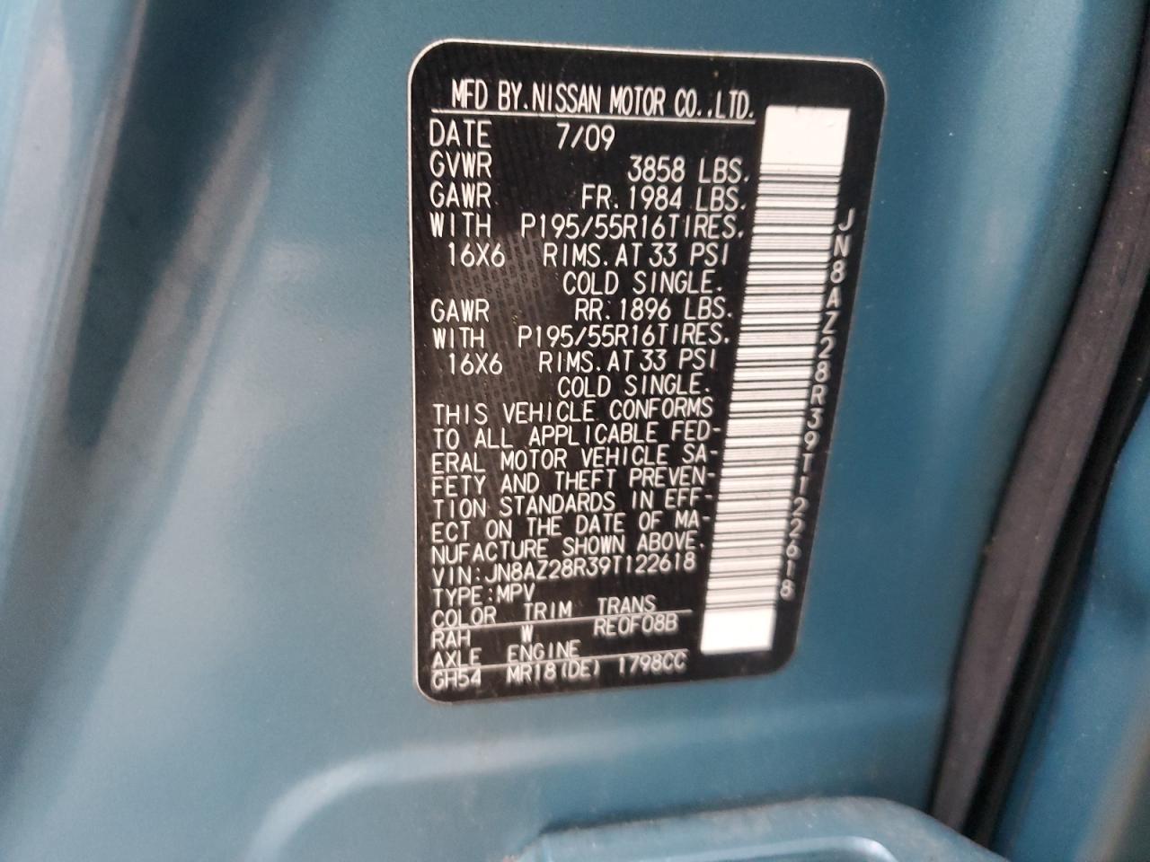 2009 Nissan Cube Base VIN: JN8AZ28R39T122618 Lot: 89200685