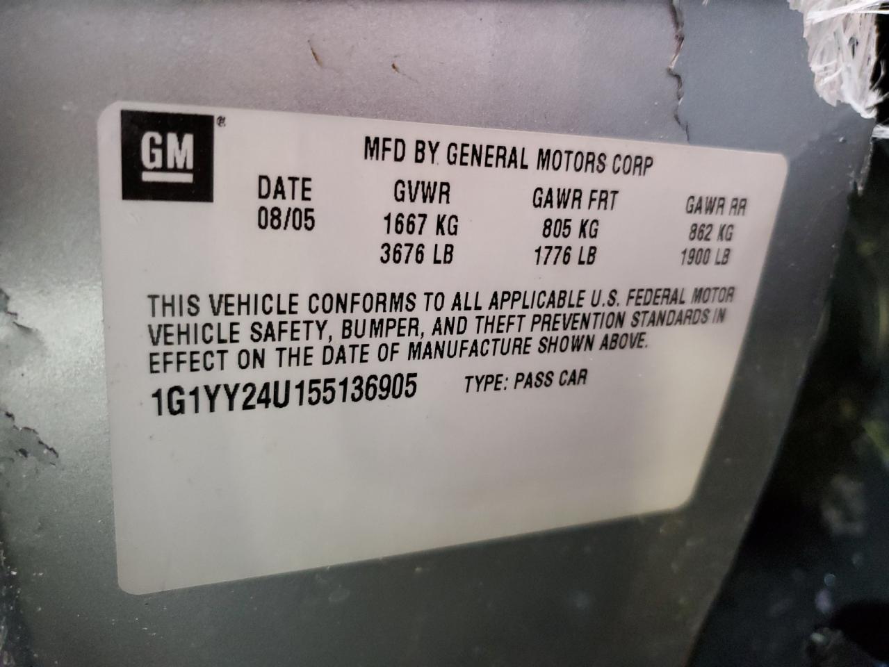 2005 Chevrolet Corvette VIN: 1G1YY24U155136905 Lot: 87054054