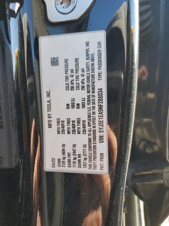 VIN 5YJ3E1EA9NF288034 2022 TESLA MODEL 3 no.13