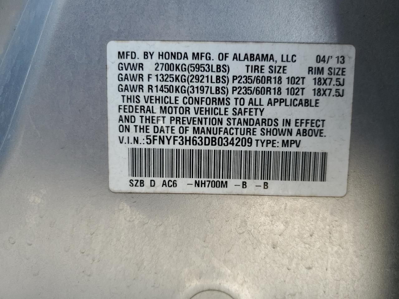 VIN 5FNYF3H63DB034209 2013 HONDA PILOT no.13