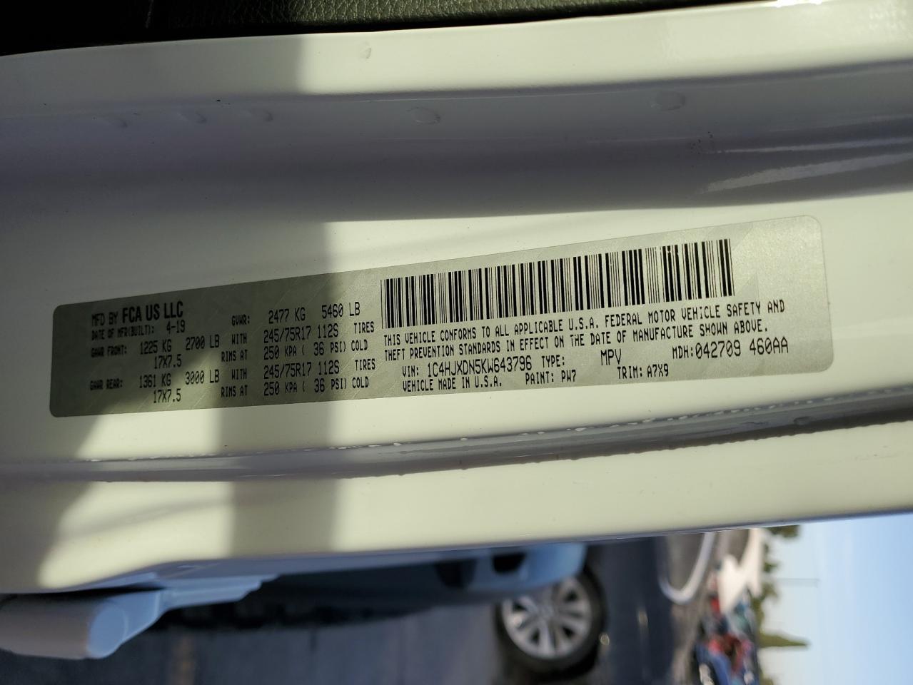 2019 Jeep Wrangler Unlimited Sport VIN: 1C4HJXDN5KW643796 Lot: 88573855