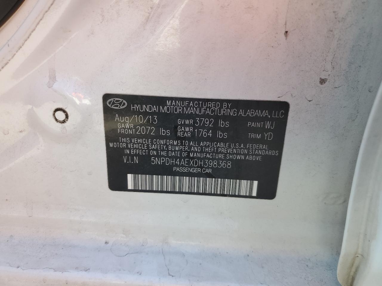 2013 Hyundai Elantra Gls VIN: 5NPEH4AEXDH39H368 Lot: 87612405