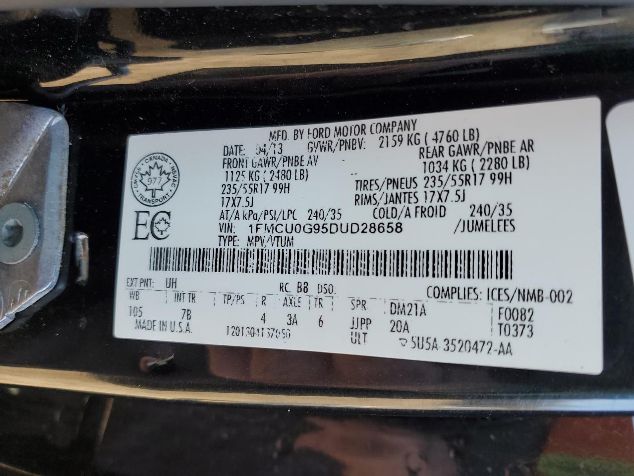 2013 Ford Escape Se VIN: 1FMCU0G95DUD28658 Lot: 87331414