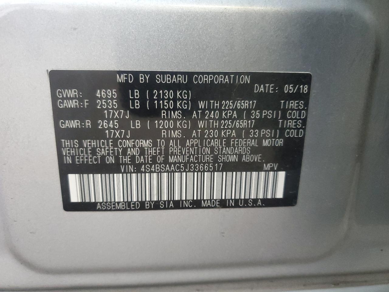 2018 Subaru Outback 2.5I VIN: 4S4BSAAC5J3366517 Lot: 88149085