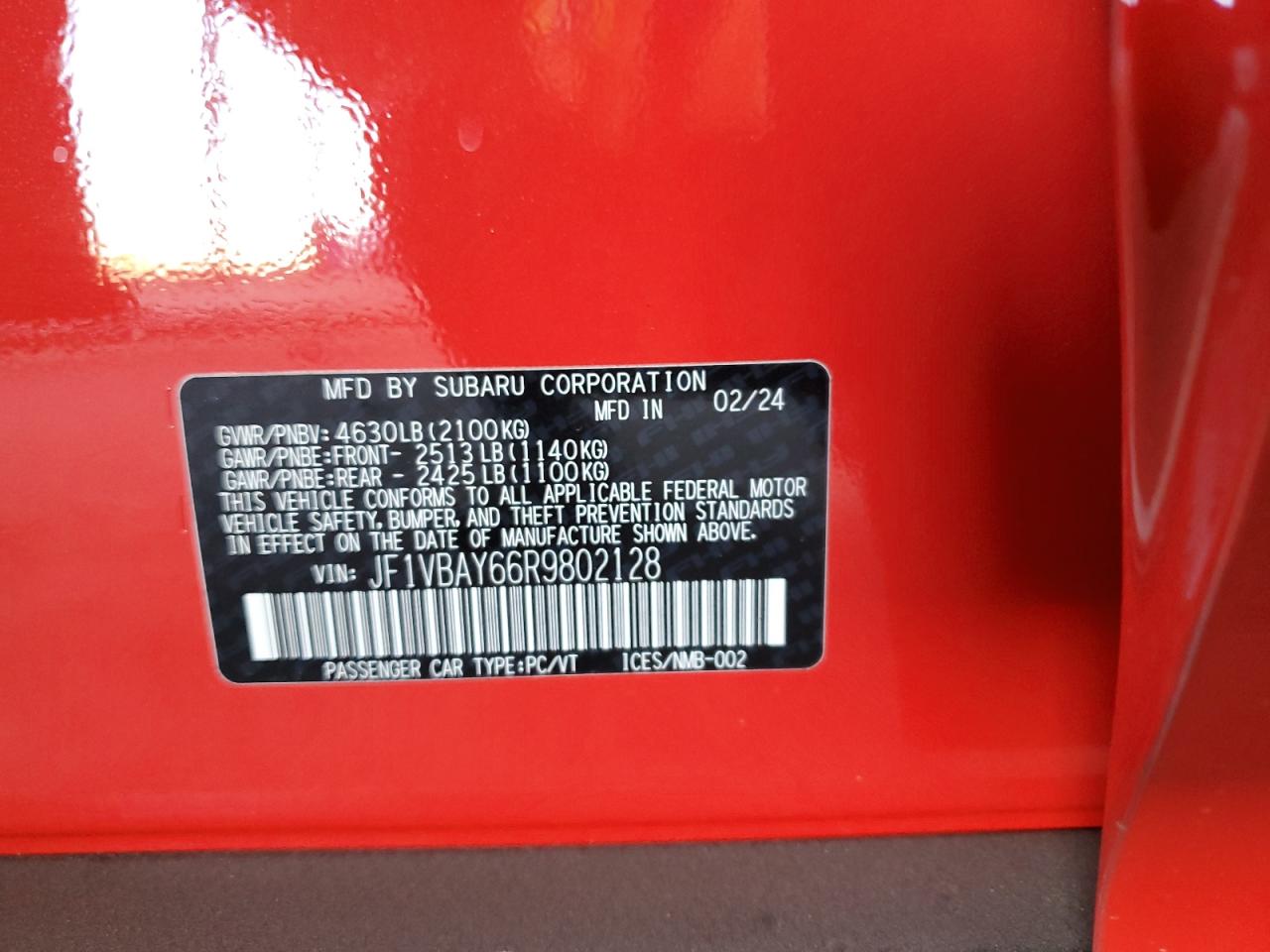 2024 Subaru Wrx Tr VIN: JF1VBAY66R9802128 Lot: 86247785