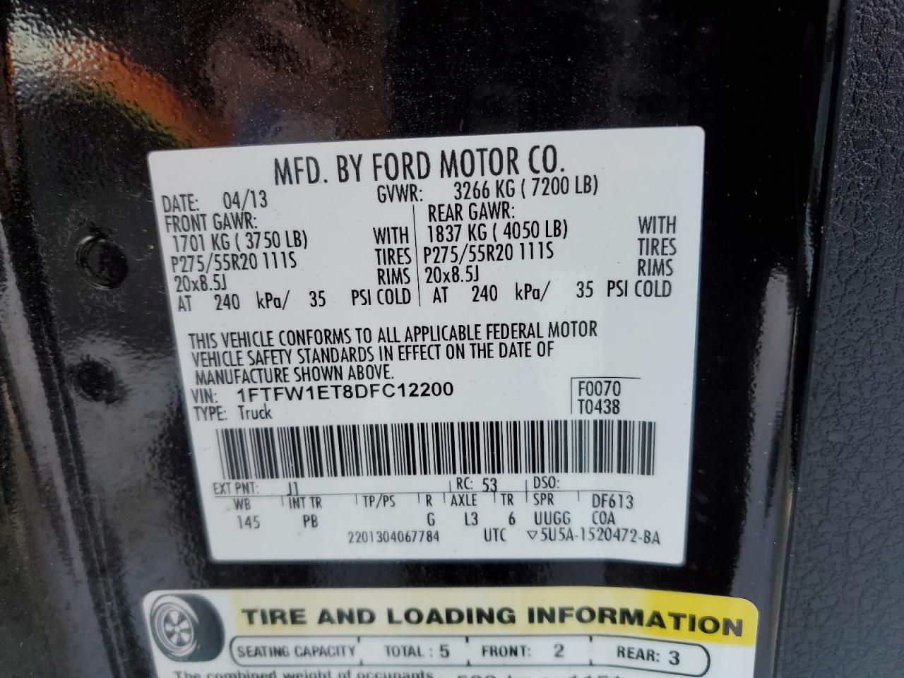 2013 Ford F150 Supercrew VIN: 1FTFW1ET8DFC12200 Lot: 87482934