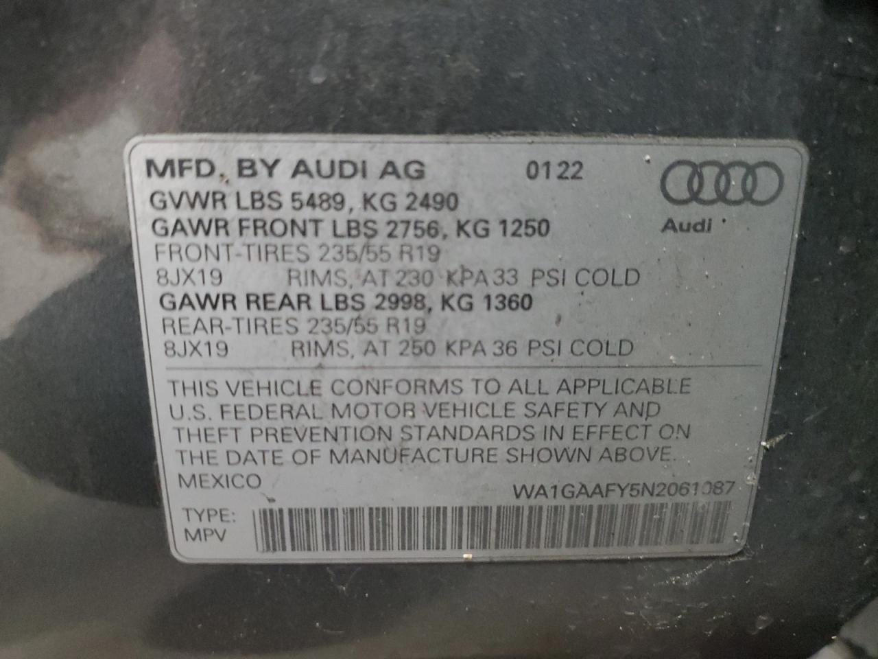 2022 Audi Q5 Premium 45 VIN: WA1GAAFY5N2061087 Lot: 88734165