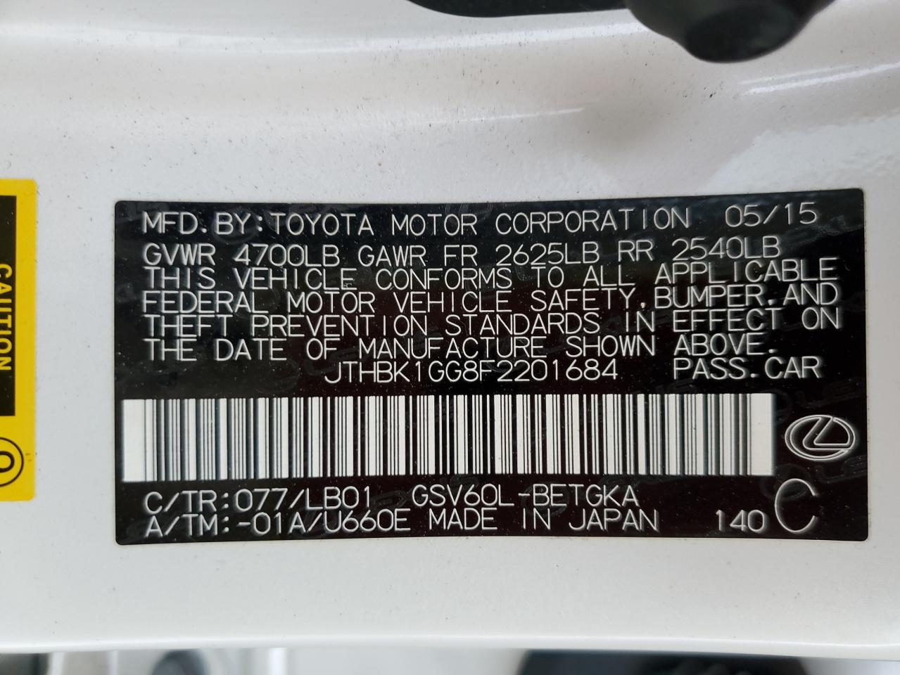 2015 Lexus Es 350 VIN: JTHBK1GG8F2201684 Lot: 41682815