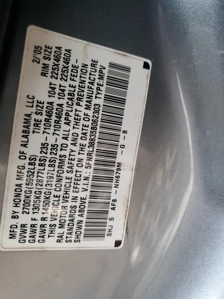 2005 Honda Odyssey Touring VIN: 5FNRL38835B062303 Lot: 42333755