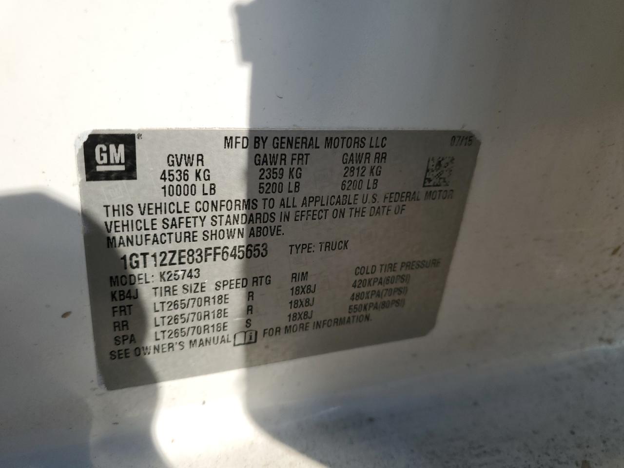 2015 GMC Sierra K2500 Slt VIN: 1GT12ZE83FF645653 Lot: 87453084