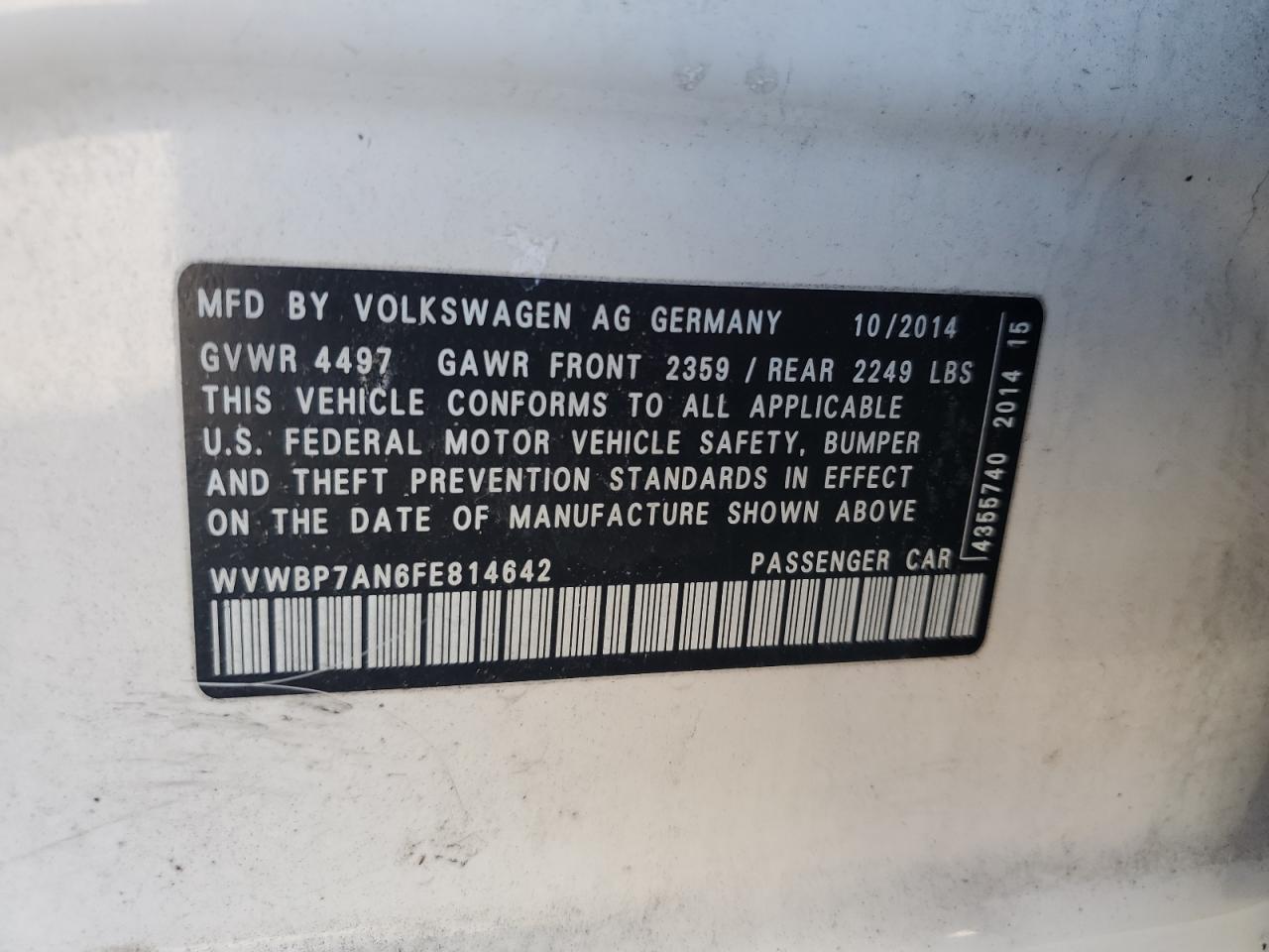 VIN WVWBP7AN6FE814642 2015 VOLKSWAGEN CC no.13