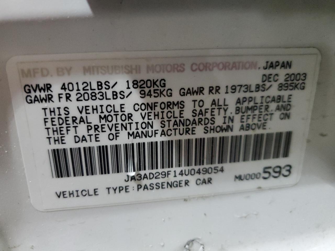 2004 Mitsubishi Lancer Ls VIN: JA3AD29F14U049054 Lot: 88772655