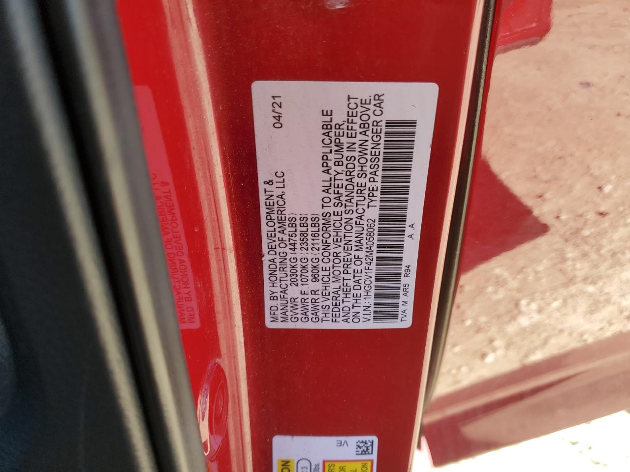 2021 Honda Accord Sport Se VIN: 1HGCV1F42MA058062 Lot: 89247075