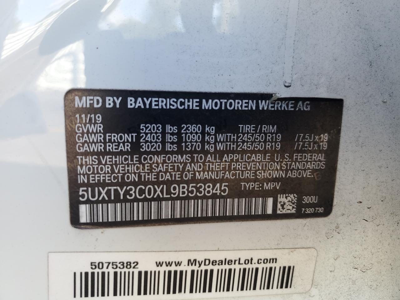 2020 BMW X3 Sdrive30I VIN: 5UXTY3C0XL9B53845 Lot: 88766875