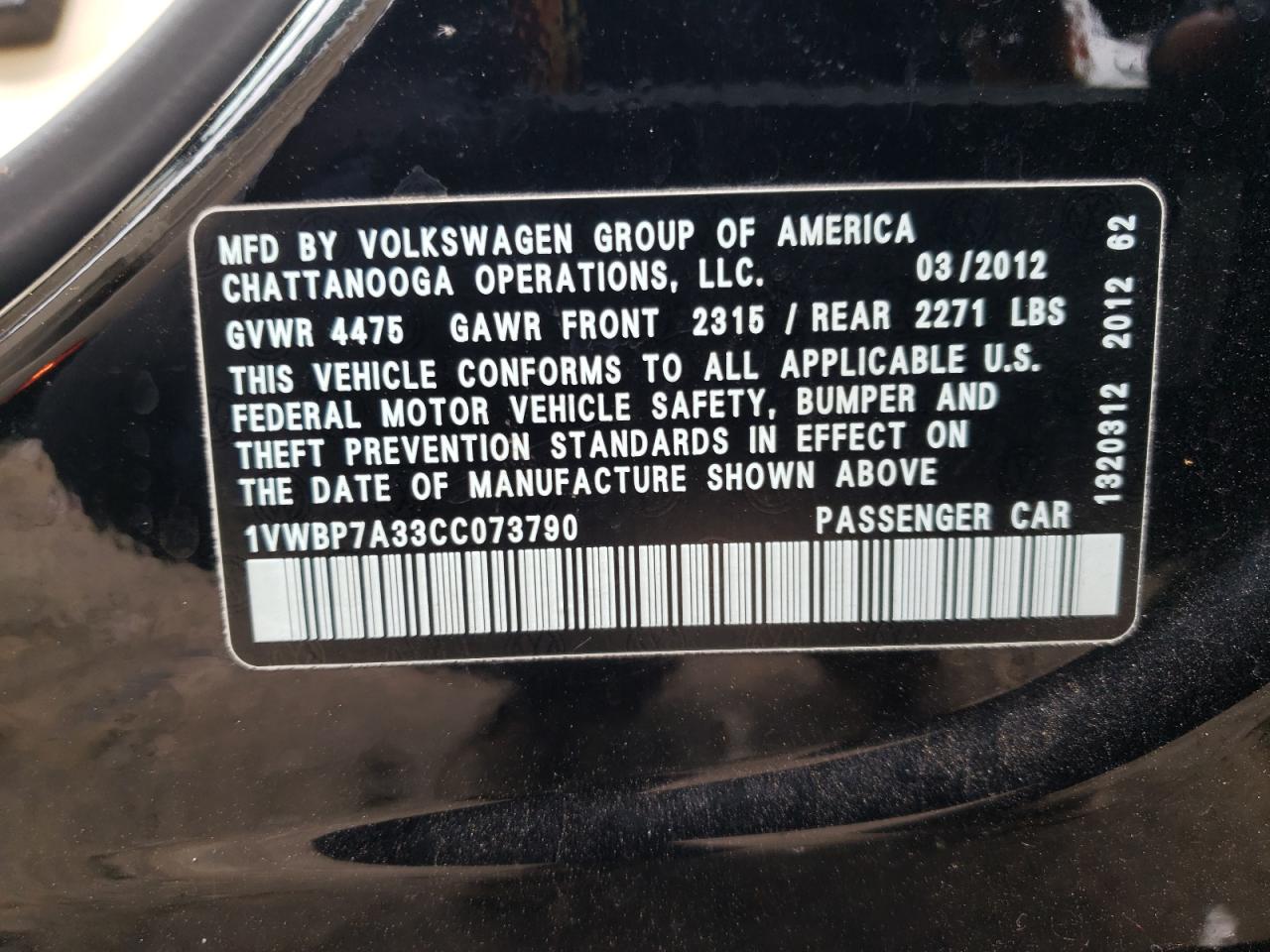 2012 Volkswagen Passat Se VIN: 1VWBP7A33CC073790 Lot: 88841665