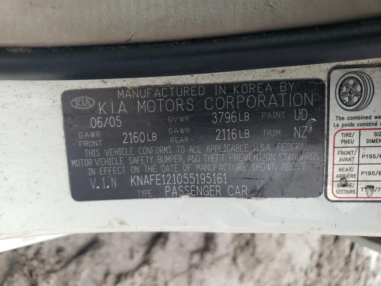 2005 Kia Spectra Lx VIN: KNAFE121055195161 Lot: 85696594