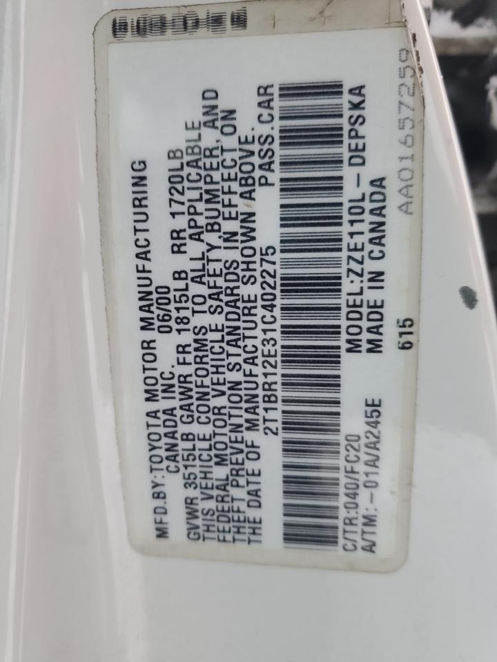 2001 Toyota Corolla Ce VIN: 2T1BR12E31C402275 Lot: 87354254