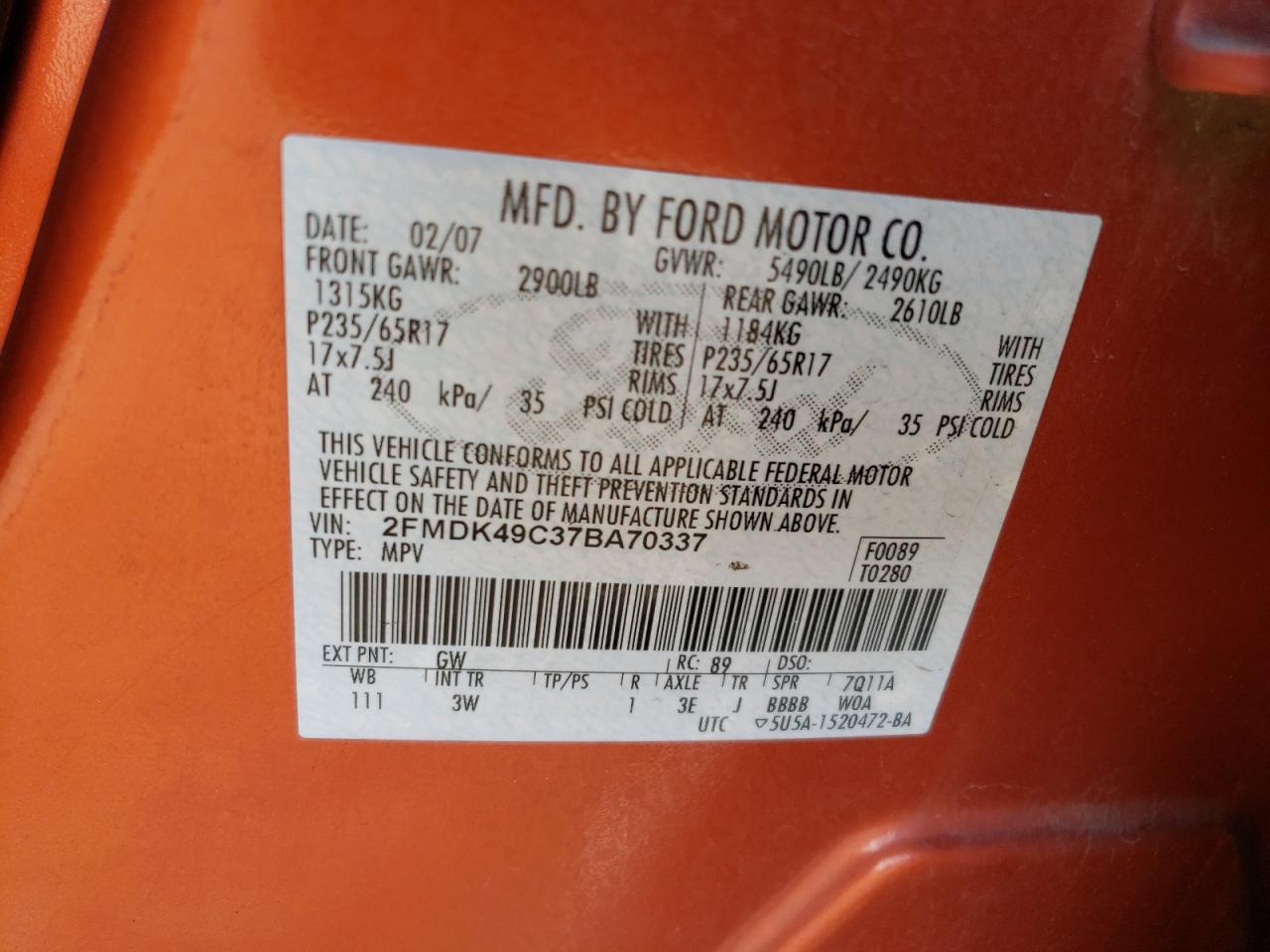 2007 Ford Edge Sel Plus VIN: 2FMDK49C37BA70337 Lot: 39422926