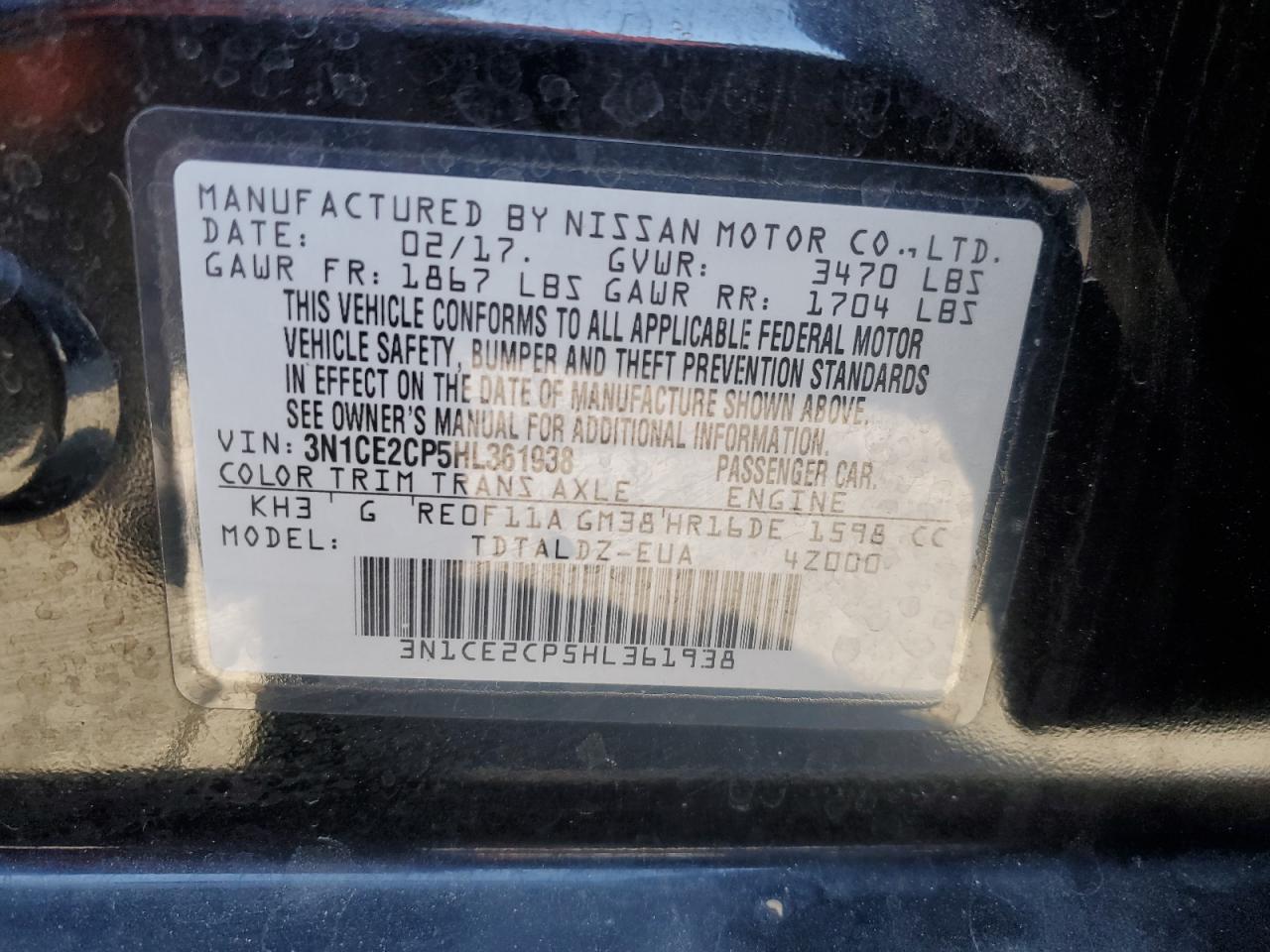 VIN 3N1CE2CP5HL361938 2017 NISSAN VERSA no.12