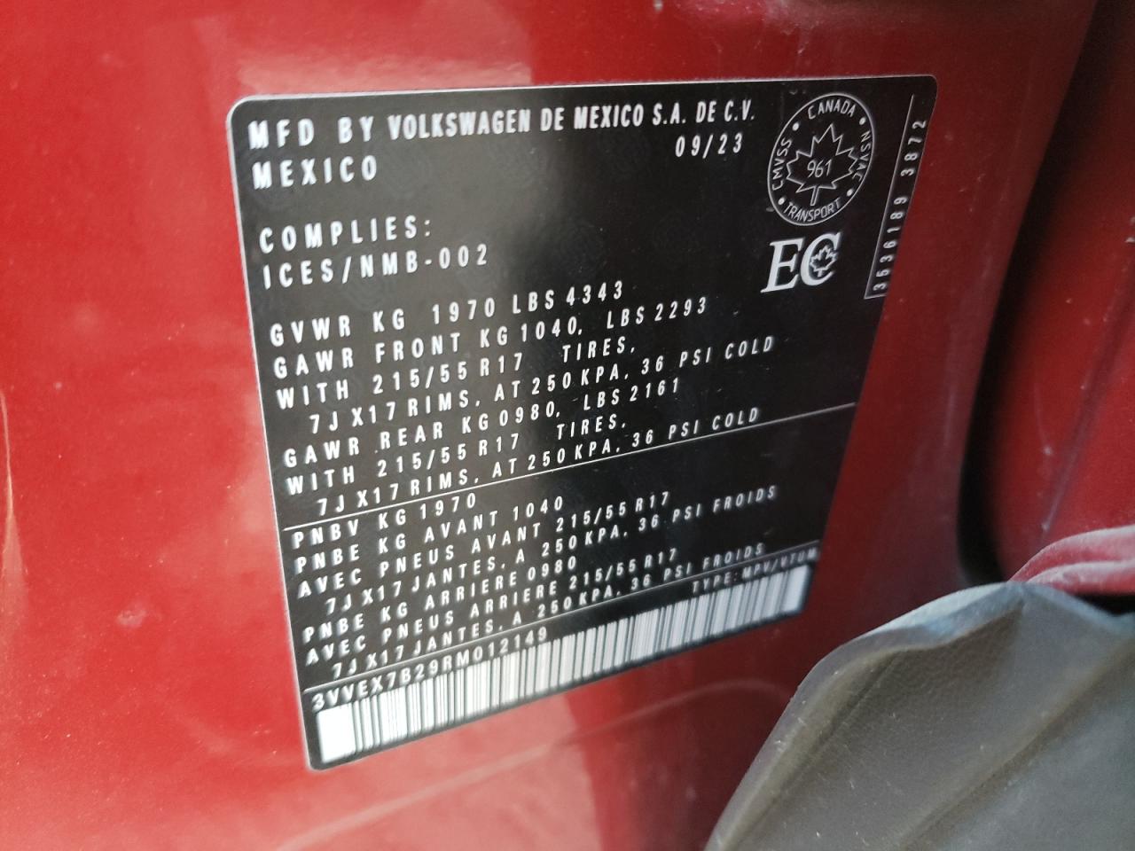 2024 Volkswagen Taos Se VIN: 3VVEX7B29RM012149 Lot: 85842014