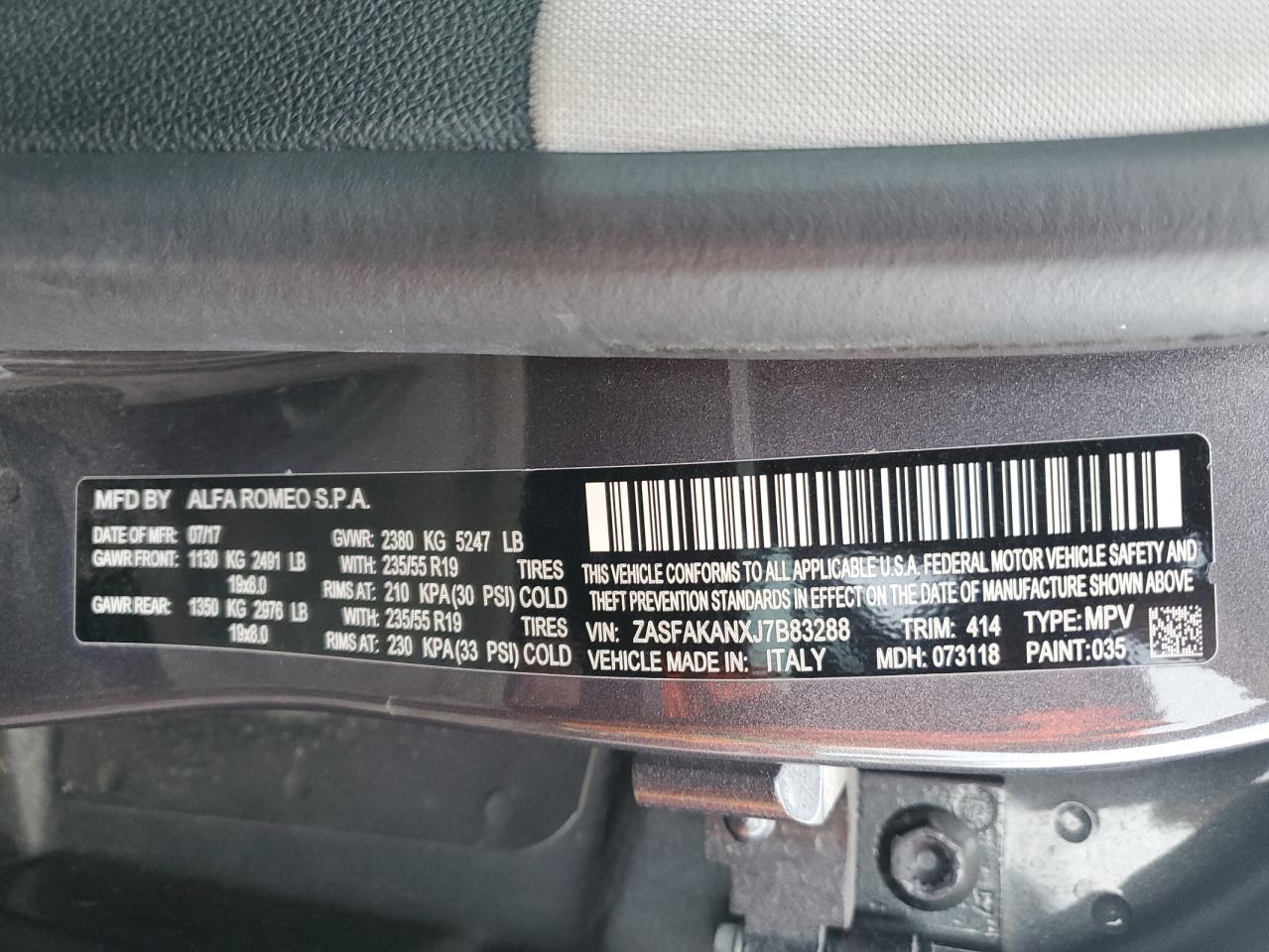 2018 Alfa Romeo Stelvio VIN: ZASFAKANXJ7B83288 Lot: 87729375