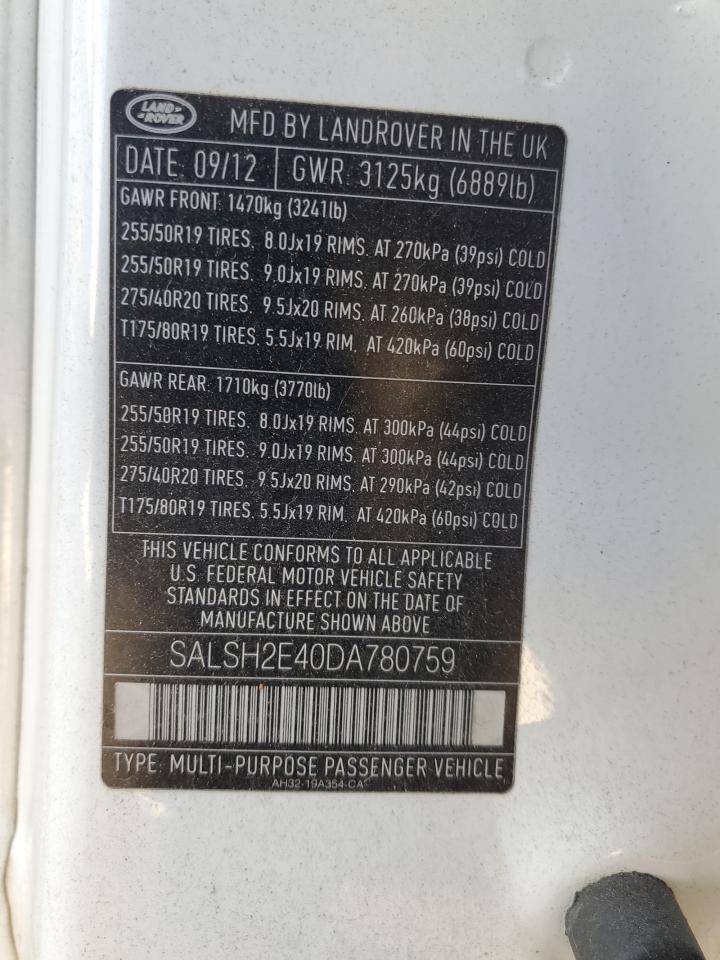 2013 Land Rover Range Rover Sport Sc VIN: SALSH2E40DA780759 Lot: 87851375