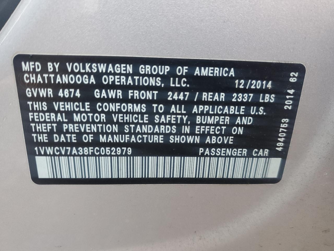 VIN 1VWCV7A38FC052979 2015 VOLKSWAGEN PASSAT no.12