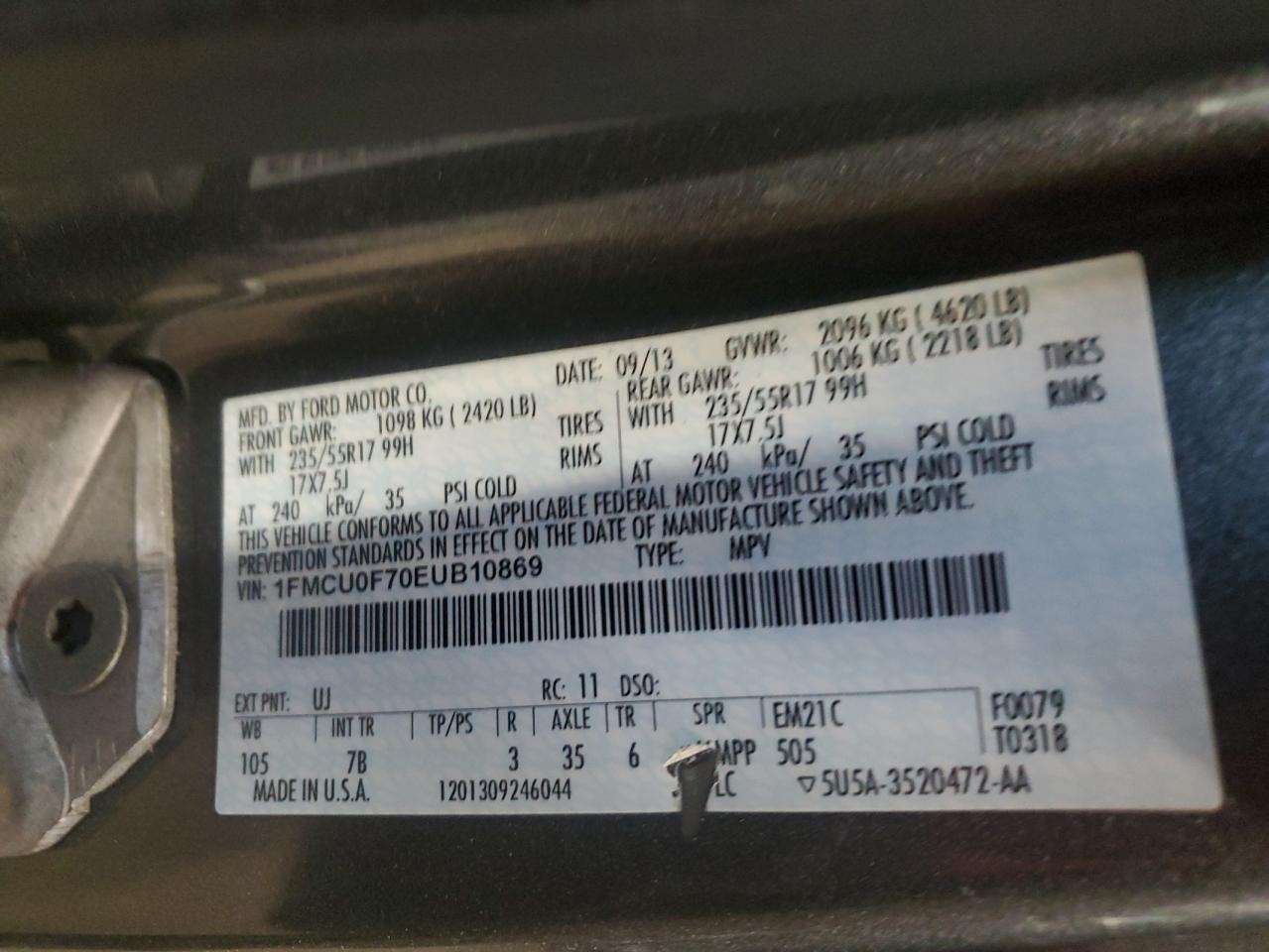 VIN 1FMCU0F70EUB10869 2014 FORD ESCAPE no.13