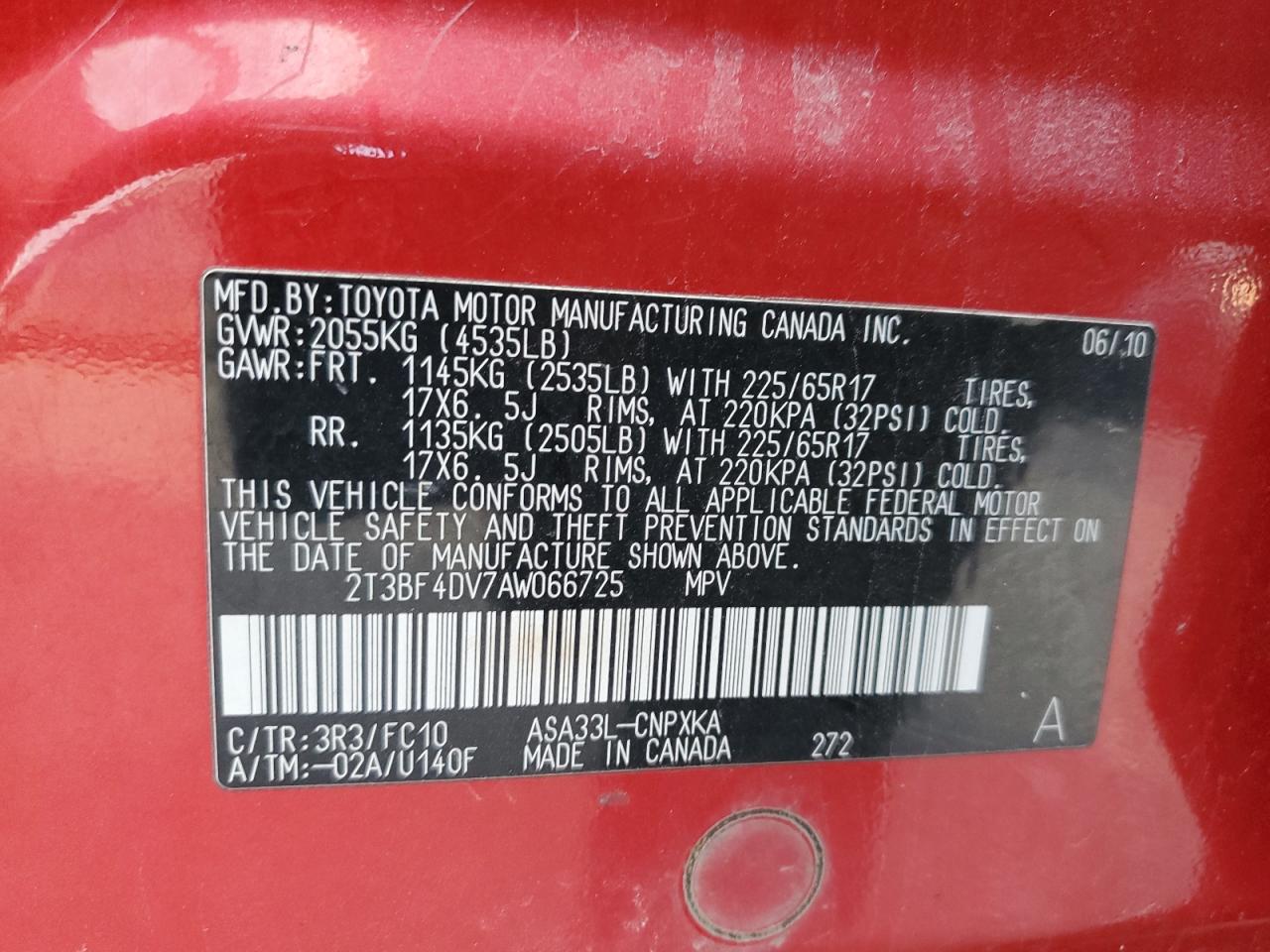 2010 Toyota Rav4 VIN: 2T3BF4DV7AW066725 Lot: 87408544