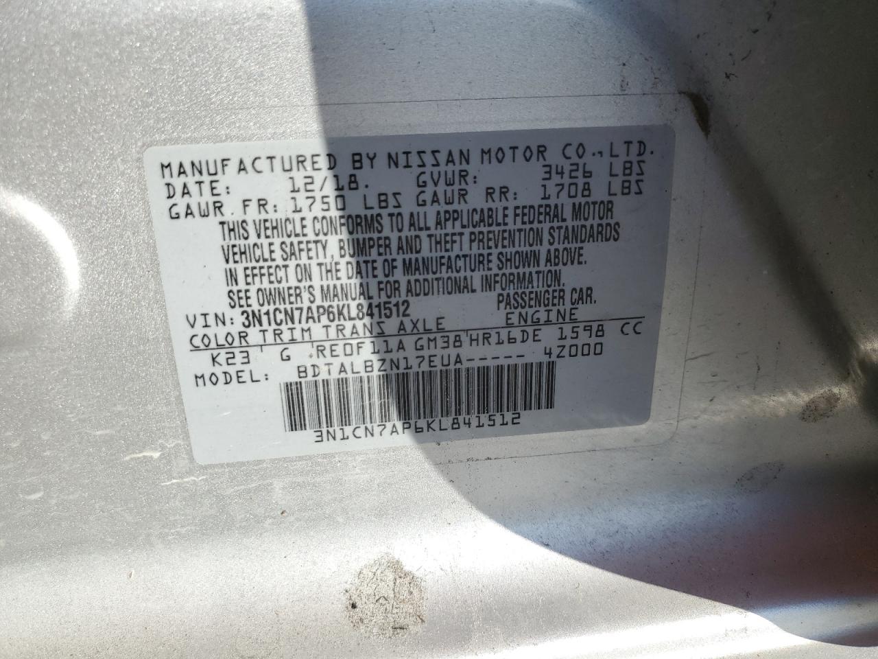 VIN 3N1CN7AP6KL841512 2019 NISSAN VERSA no.12