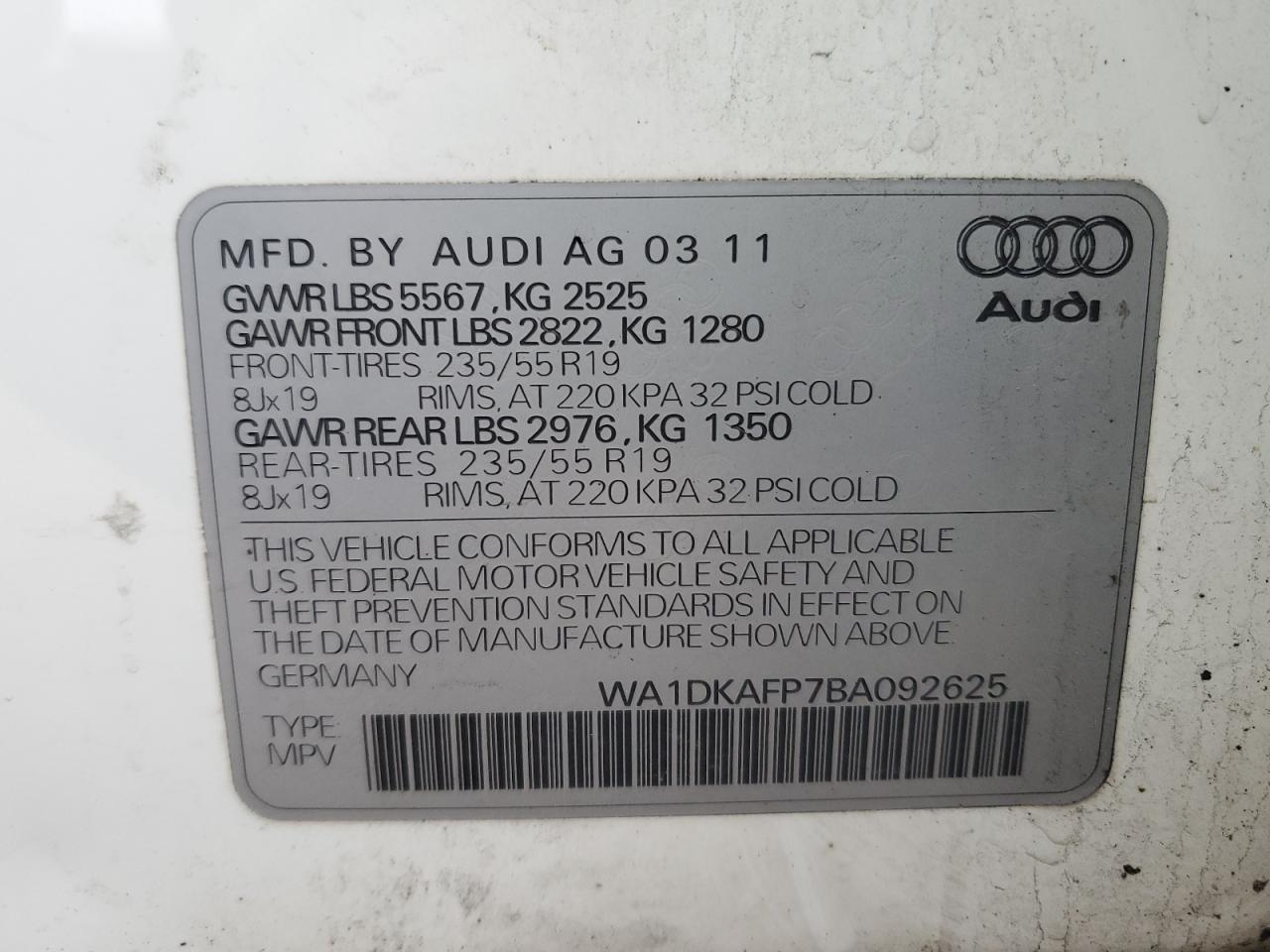 2011 Audi Q5 Premium Plus VIN: WA1DKAFP7BA092625 Lot: 88842595