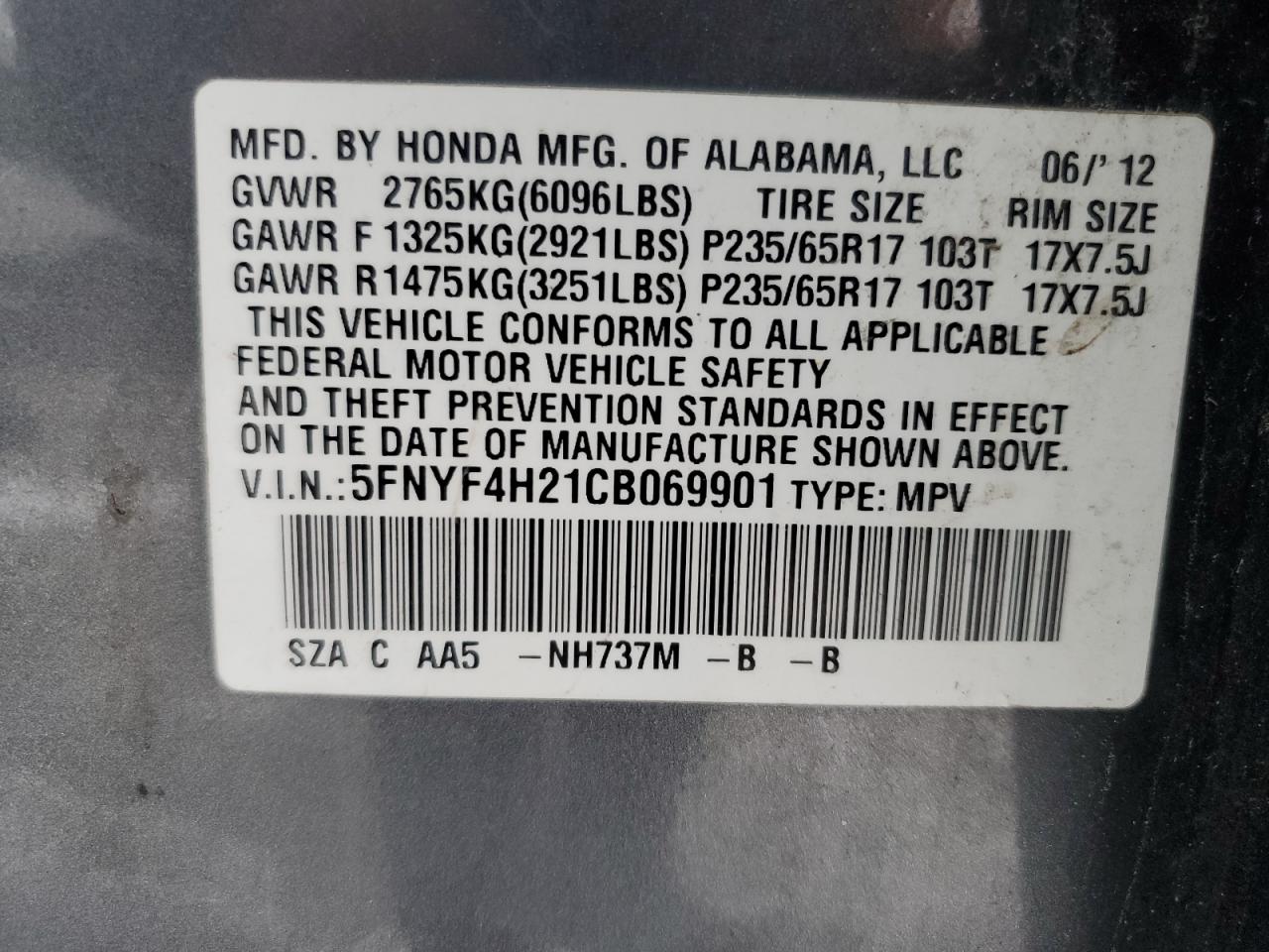 2012 Honda Pilot Lx VIN: 5FNYF4H21CB069901 Lot: 87867385