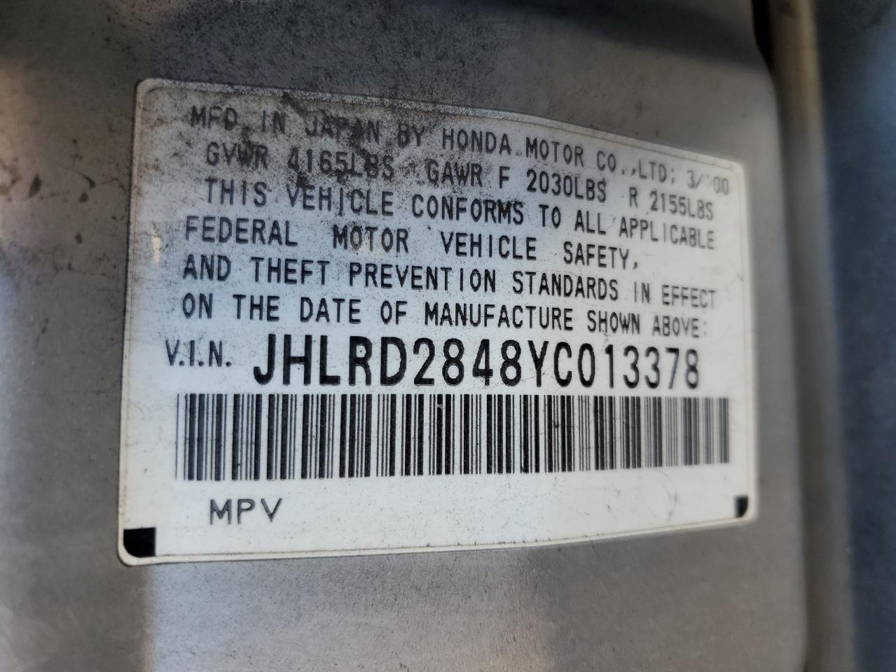 2000 Honda Cr-V Lx VIN: JHLRD2848YC013378 Lot: 88368155