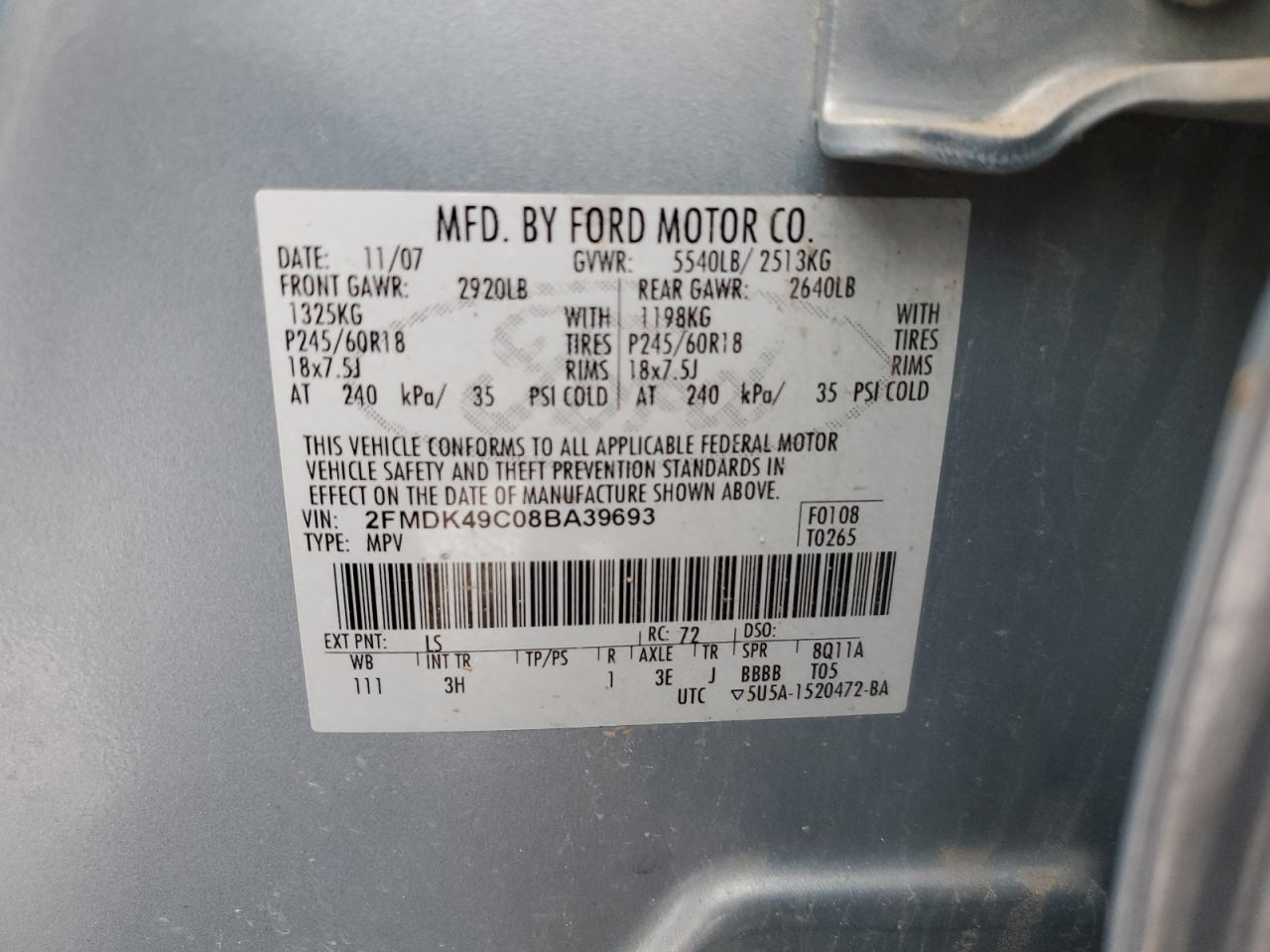 2008 Ford Edge Limited VIN: 2FMDK49C08BA39693 Lot: 88282495