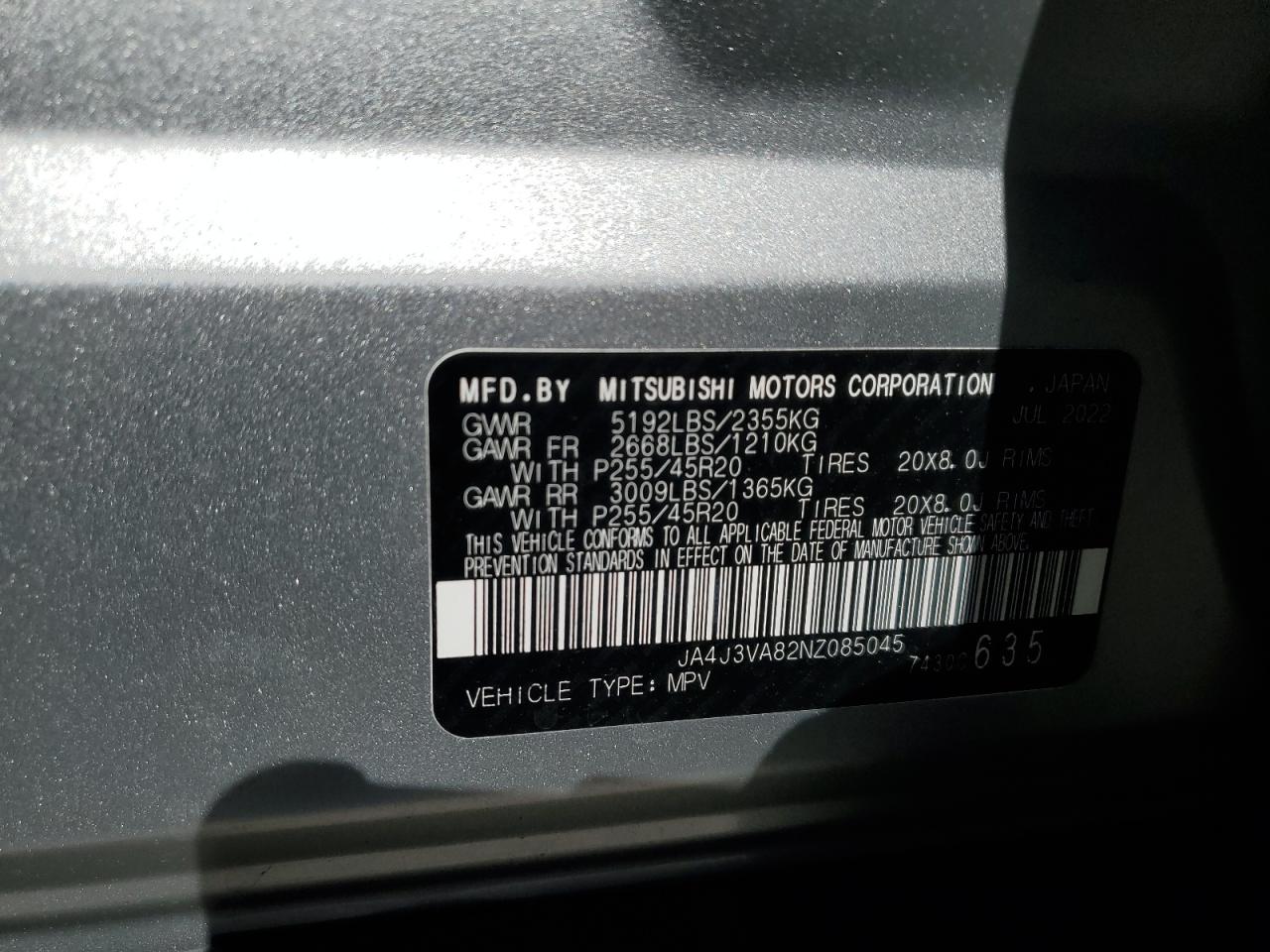 2022 Mitsubishi Outlander Sel VIN: JA4J3VA82NZ085045 Lot: 87551605