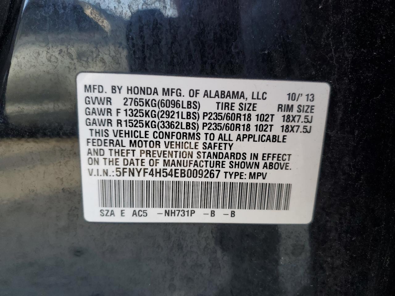 VIN 5FNYF4H54EB009267 2014 HONDA PILOT no.13