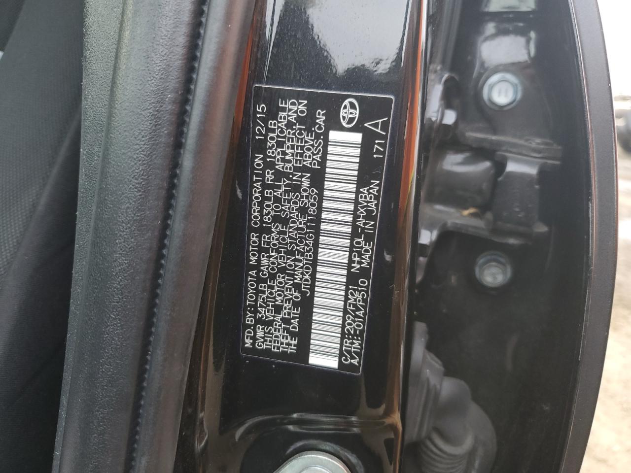 2016 Toyota Prius C VIN: JTDKDTB34G1118059 Lot: 42521895