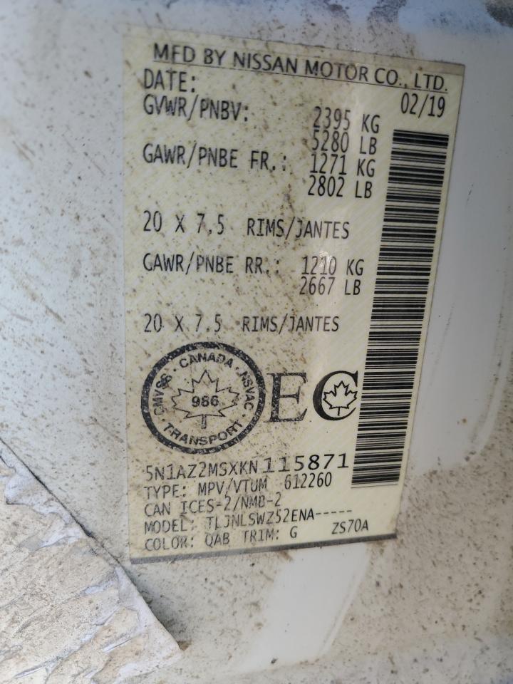 2019 Nissan Murano S VIN: 5N1AZ2MSXKN115871 Lot: 85577975