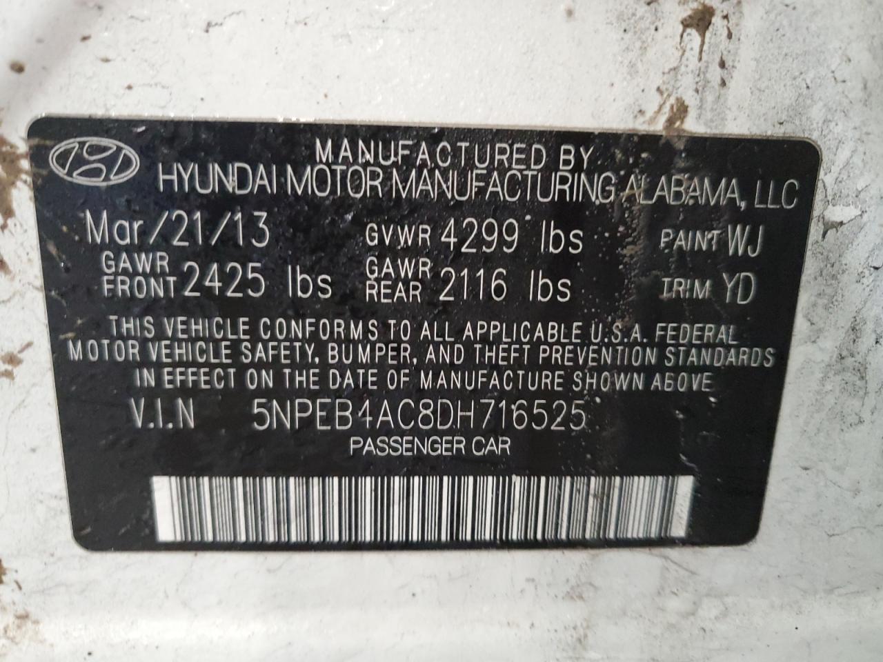 VIN 5NPEB4AC8DH716525 2013 HYUNDAI SONATA no.13