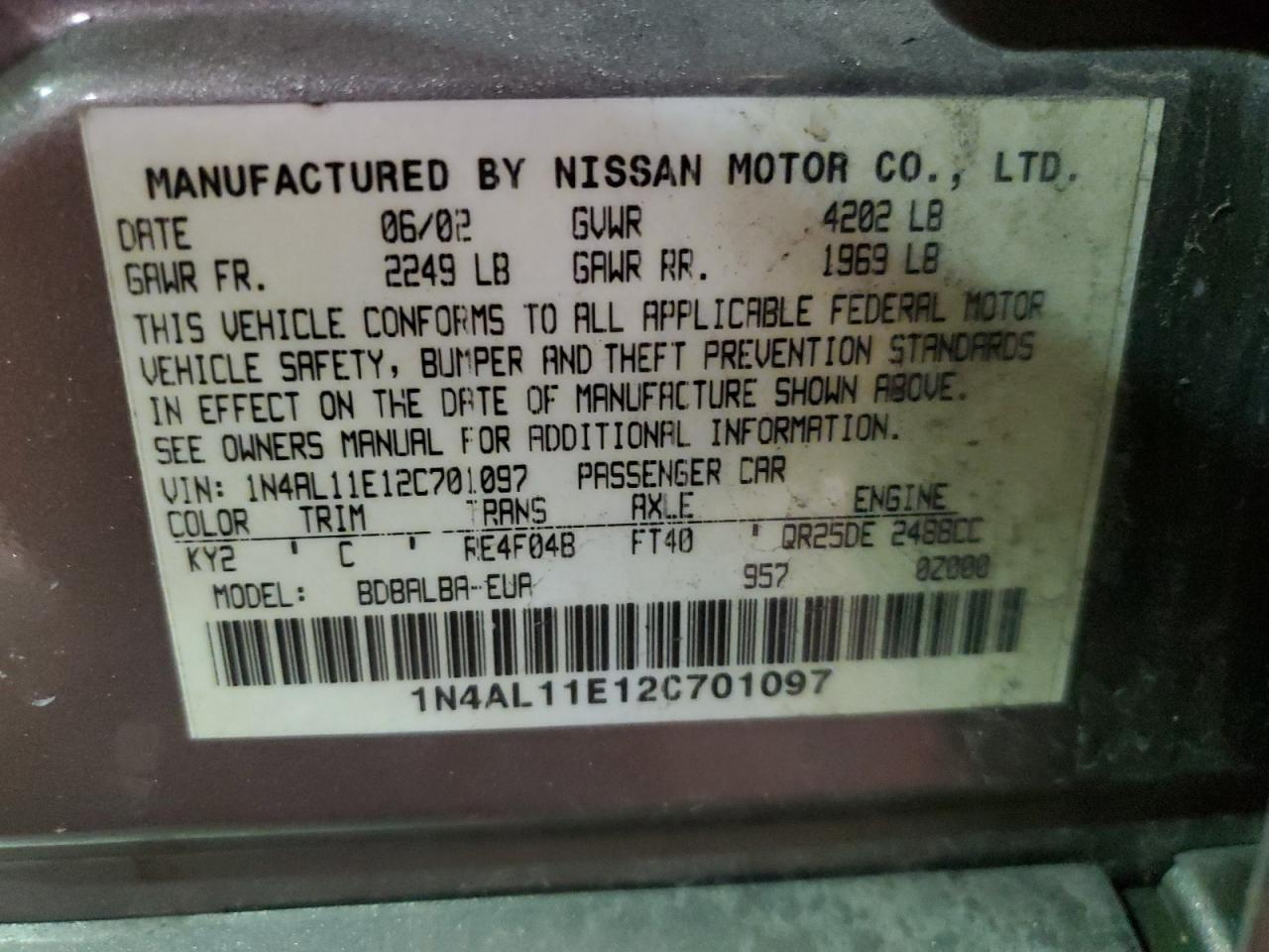 2002 Nissan Altima Base VIN: 1N4AL11E12C701097 Lot: 87822385