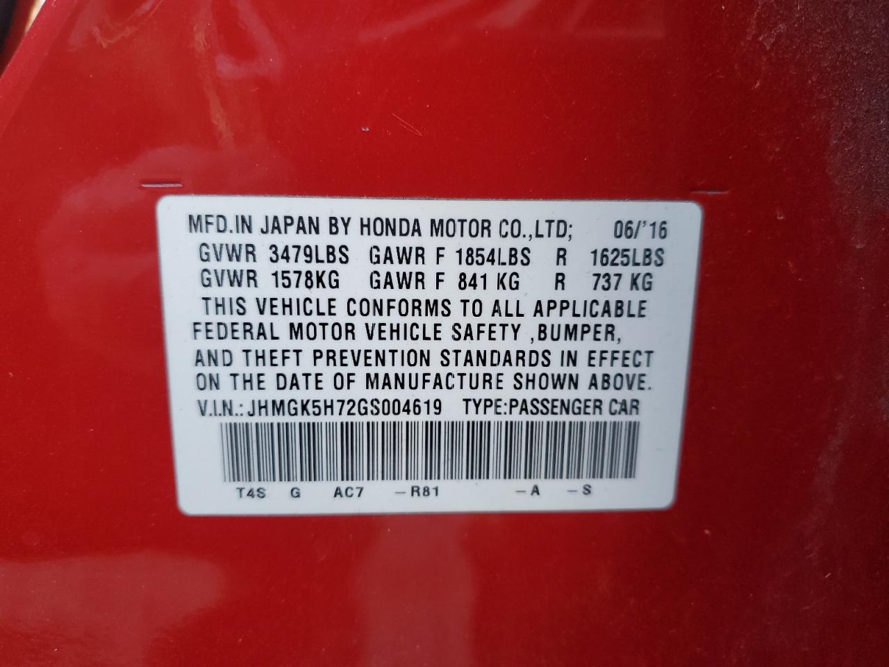 VIN JHMGK5H72GS004619 2016 HONDA FIT no.12