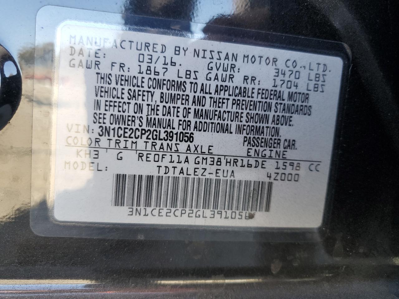 VIN 3N1CE2CP2GL391056 2016 NISSAN VERSA no.12